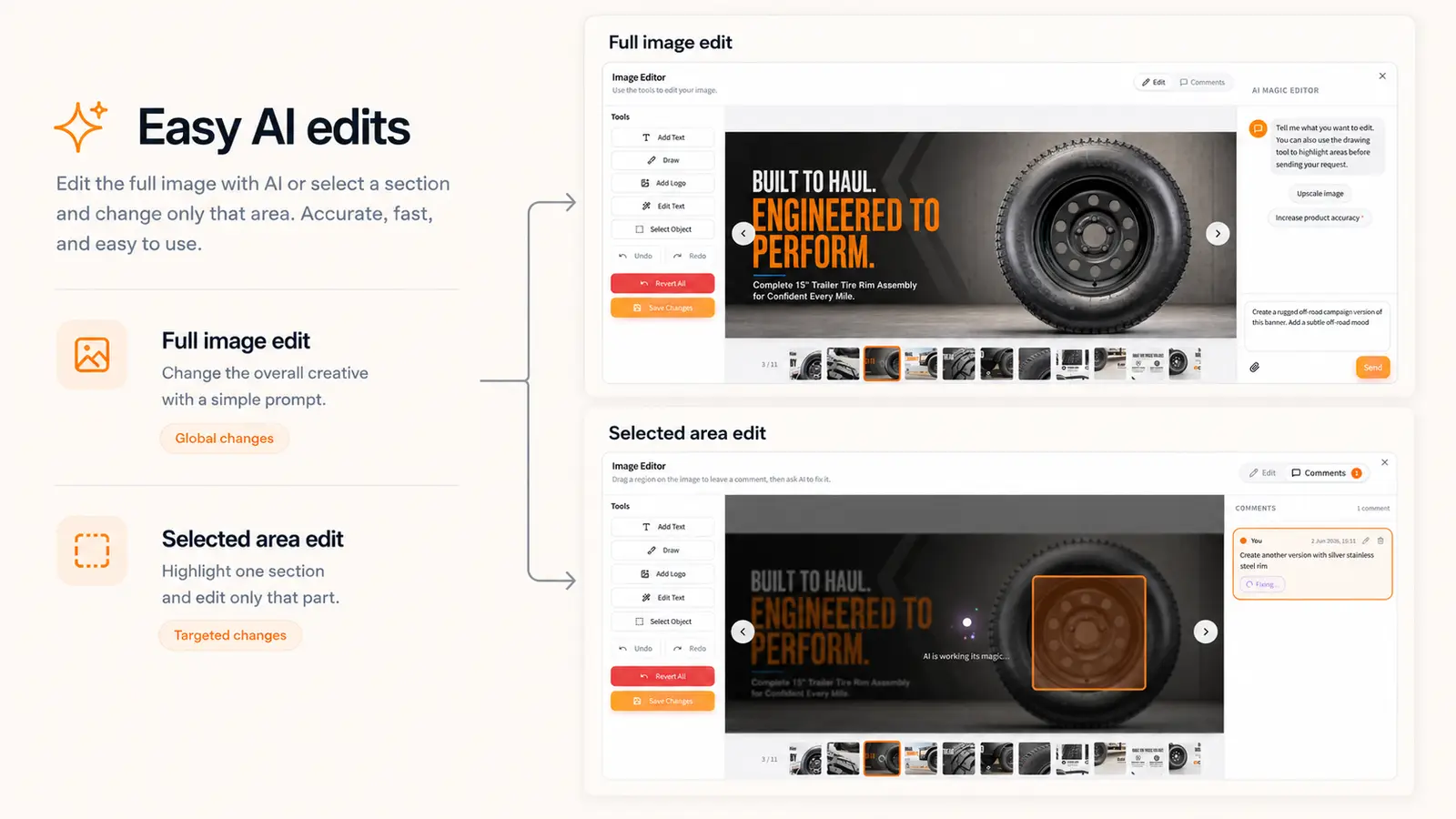 AI Creative Studio editor making full-image and targeted selected-area AI edits to a product creative