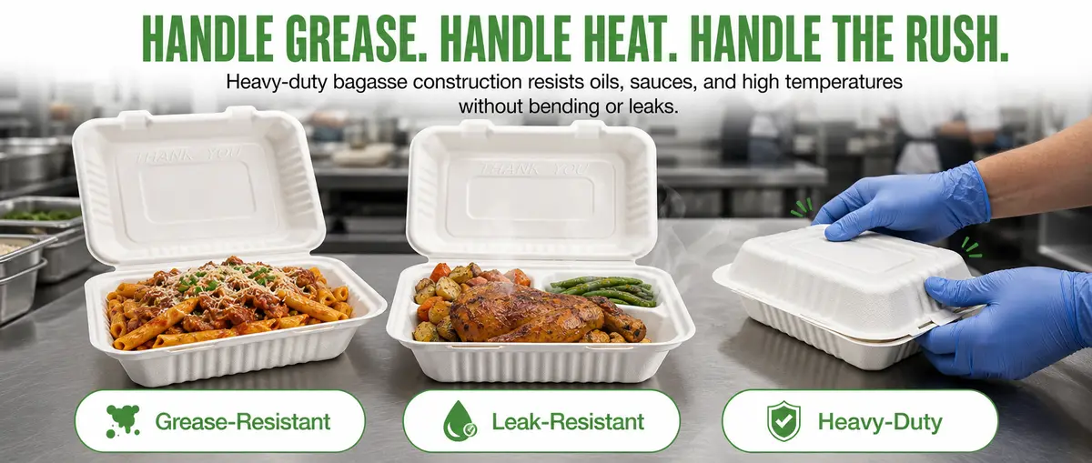 Heavy-duty bagasse takeout food containers that resist grease, heat and leaks