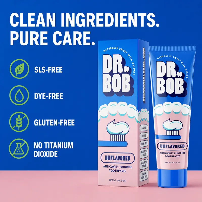 Dr. Bob fluoride toothpaste highlighting SLS-free, dye-free and gluten-free clean ingredients