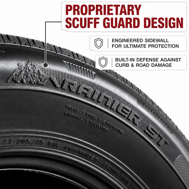 All-terrain tire with a proprietary scuff-guard sidewall engineered against curb and road damage
