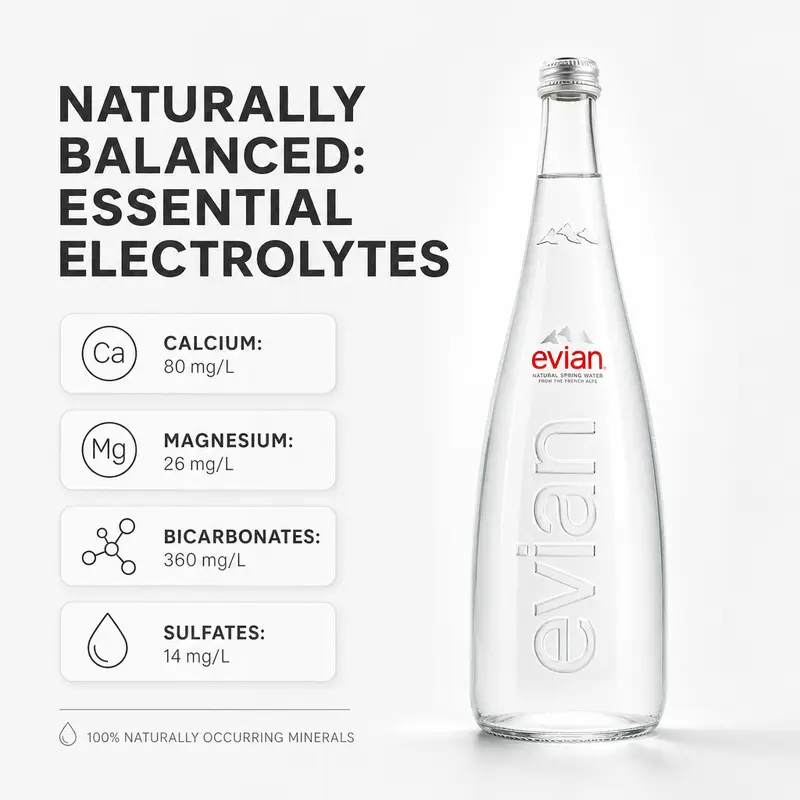 Evian natural spring water bottle highlighting its naturally balanced essential electrolytes