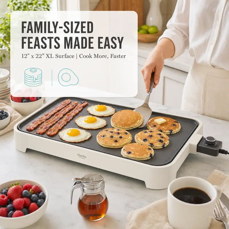 Family-sized XL electric griddle cooking pancakes, eggs and bacon