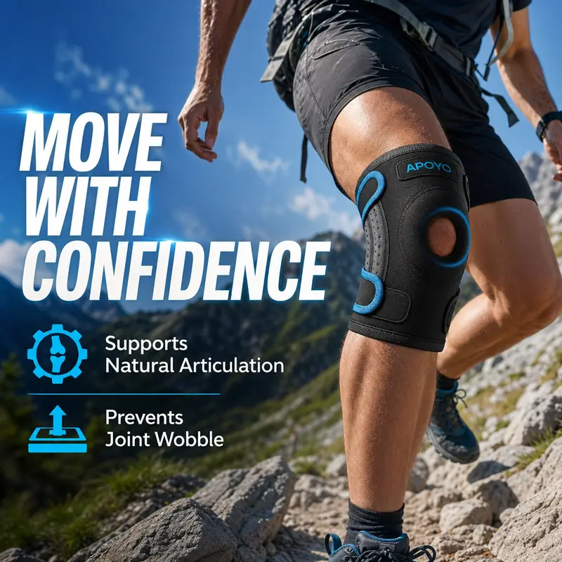 Hiker climbing a rocky trail wearing a knee brace for confident outdoor support