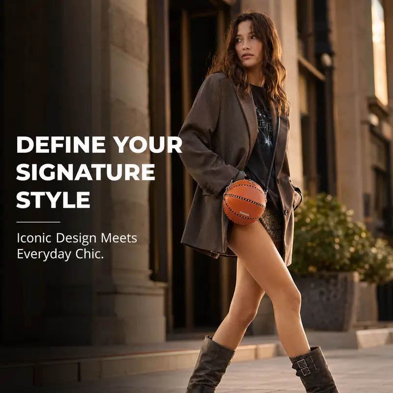 Model in a trench coat carrying a leather basketball-shaped handbag in an urban street-style scene