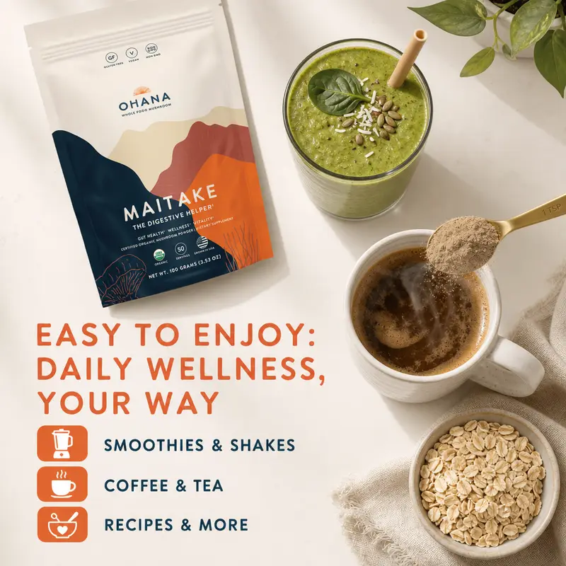 Ohana Maitake mushroom powder shown with a smoothie, coffee and oats for daily wellness