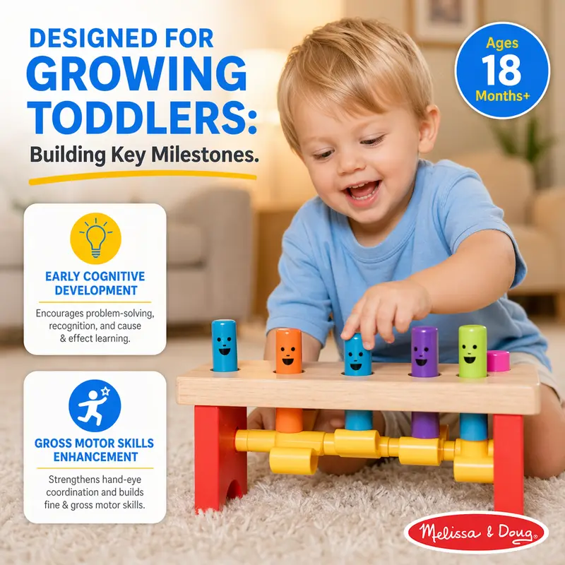 Toddler playing with a wooden pounding bench toy that supports developmental milestones