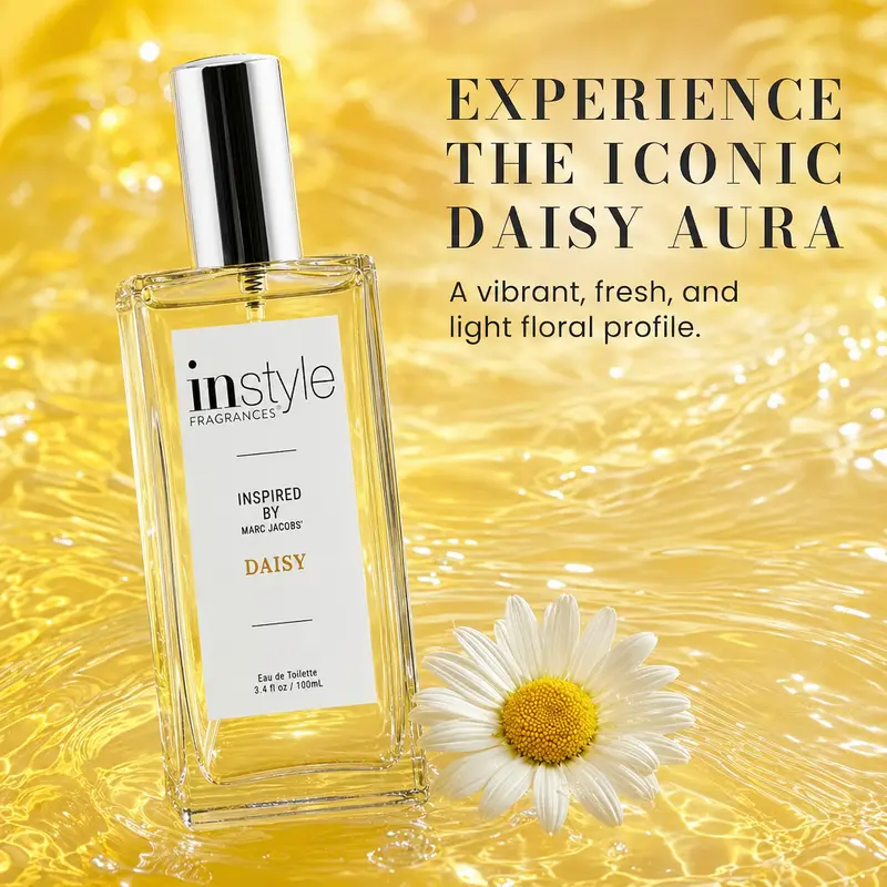 Daisy-inspired floral perfume bottle on a golden background