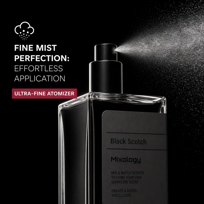 Black Scotch Mixology cologne spraying a fine mist from an ultra-fine atomizer