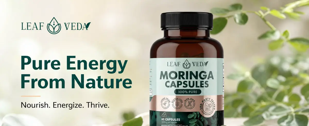 Leaf Veda Moringa capsules bottle set in nature for pure plant-based energy