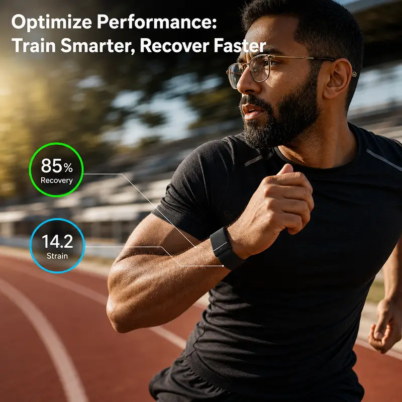 Athlete running on a track wearing a fitness tracker band showing recovery and strain metrics