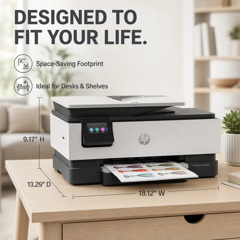 Compact HP all-in-one printer on a shelf with dimensions, designed to fit small spaces