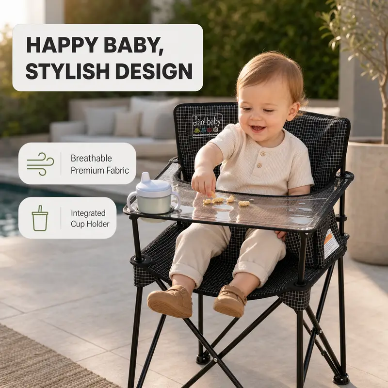 Portable baby high chair with breathable premium fabric and an integrated cup holder