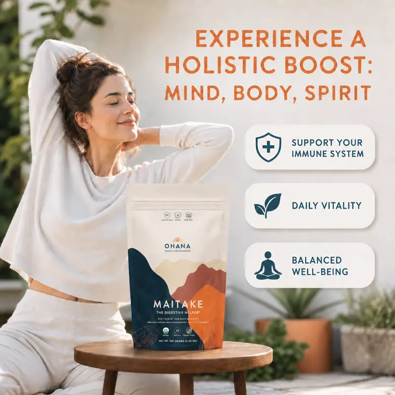 Woman stretching outdoors with Ohana Maitake mushroom supplement for holistic mind, body and spirit wellness