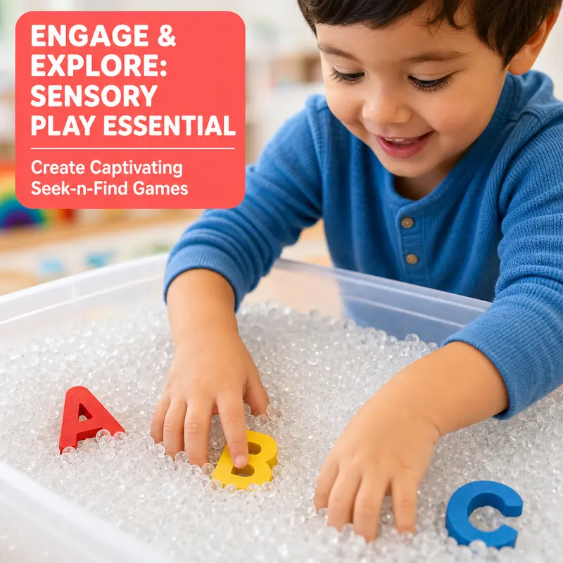 Child exploring a sensory play kit of water beads and letters for seek-and-find games