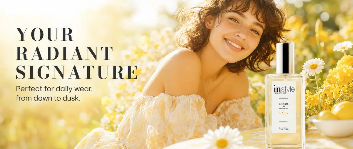 Woman in a sunlit field beside an Instyle perfume bottle, her radiant signature scent for daily wear